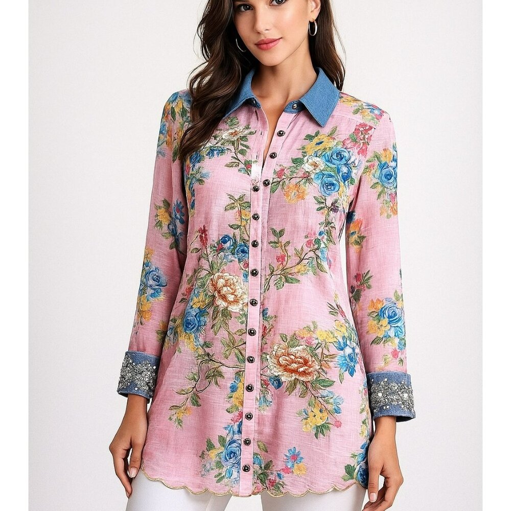 Aratta Silent Journey Pink Floral Blouse With Blue Collar & Sequined Cuffs Women